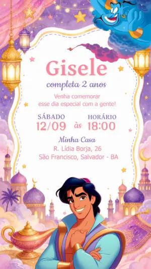 Convite de Aniversário Aladdin e Gênio Aquarela Editável