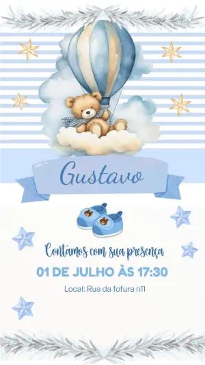 Convite Chá de Bebê Ursinho Baloeiro Azul para Editar