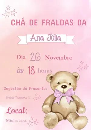 Convite Chá de Fraldas Ursinha Princesa para Editar Online