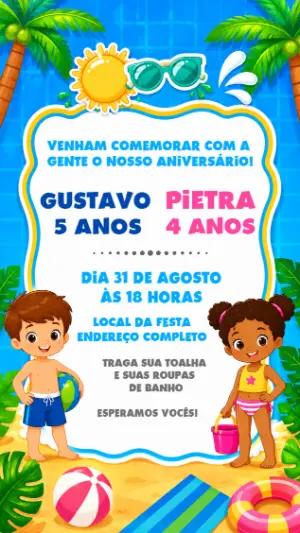 Convite Aniversário Duplo Pool Party Infantil Editável