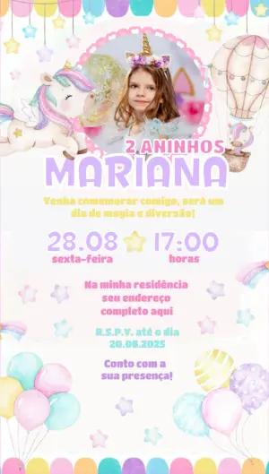 Convite Aniversário Unicórnio com Foto para Editar Online