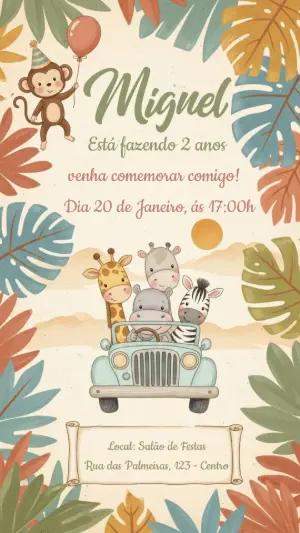 Convite de Aniversário Safari Animais Fofos Modelo Editável