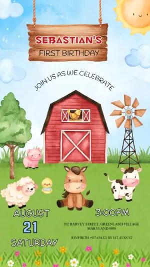 Cute Barnyard First Birthday Invitation | Editable Template