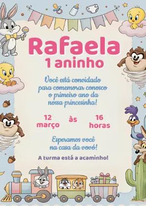 Convite de Aniversário Looney Tunes Baby Fofo para Editar