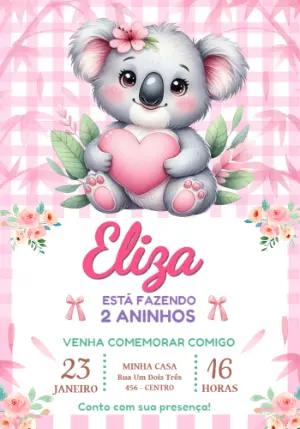 Convite Digital Aniversário Infantil Coala Rosa Editável
