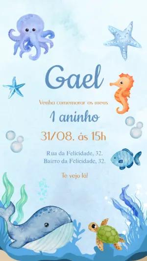 Convite Aniversário Fundo do Mar com Animais para Editar Online