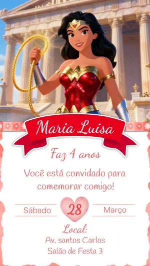 Convite Aniversário Mulher-Maravilha Ilustrado Editável