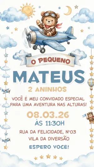 Convite de Aniversário Ursinho Aviador Aquarela Editável