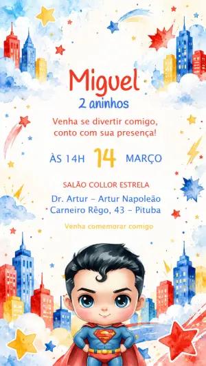 Convite de Aniversário Superman Aquarela Editável