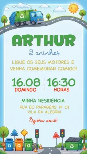Convite de Aniversário Infantil Caminhão de Lixo Editável