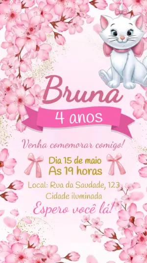 Convite de Aniversário Gatinha Marie Floral Editável