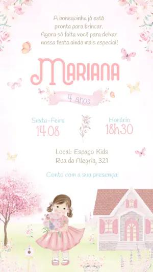 Convite Digital Aniversário Menina Boneca Aquarela para Editar