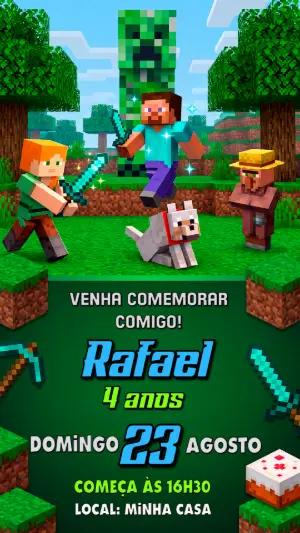 Convite de Aniversário Minecraft: Modelo Digital Editável