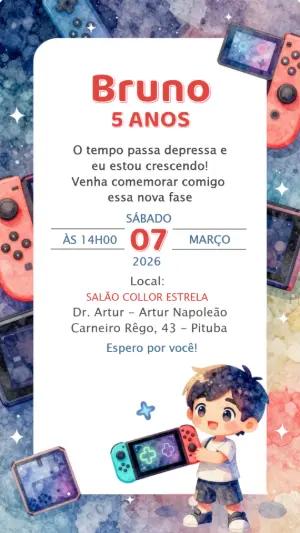 Convite de Aniversário Infantil Videogame Editável para Enviar