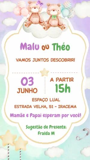 Convite Chá Revelação Ursinhos Lilás e Verde Editável