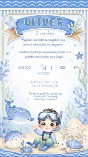 Convite Aniversário Fundo do Mar Menino Mergulhador Editável