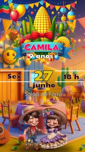 Convite Festa Junina Infantil com Personagens para Editar Online