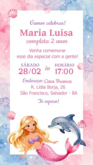 Convite de Aniversário Sereia Aquarela Rosa para Editar