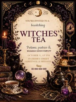 Editable Witches' Tea Halloween Party Invitation