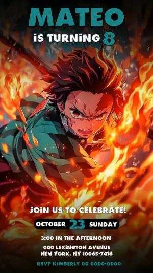 Animated Demon Slayer Birthday Video Invitation - Editable Template