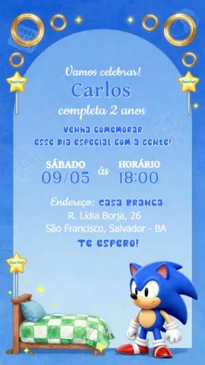 Convite de Aniversário Sonic Clássico Azul para Editar