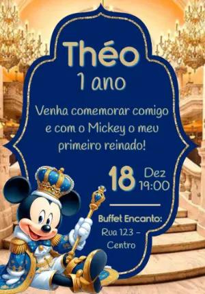 Convite de Aniversário Mickey Realeza Azul e Dourado Editável