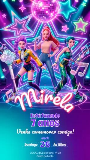 Convite de Aniversário Guerreiras do K-pop Neon Editável para Festa Popstar