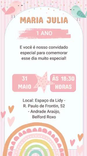 Convite de Aniversário Infantil Passarinhos e Arco-íris Editável