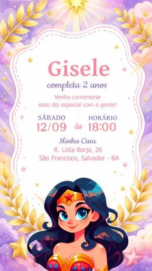 Convite de Aniversário Mulher Maravilha Aquarela Editável