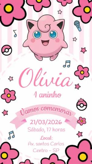Convite de Aniversário Jigglypuff Rosa para Editar