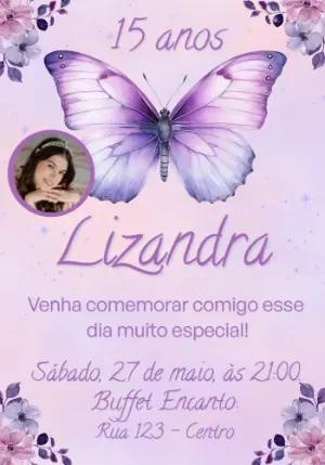 Convite 15 Anos Borboleta Lilás com Foto Editável