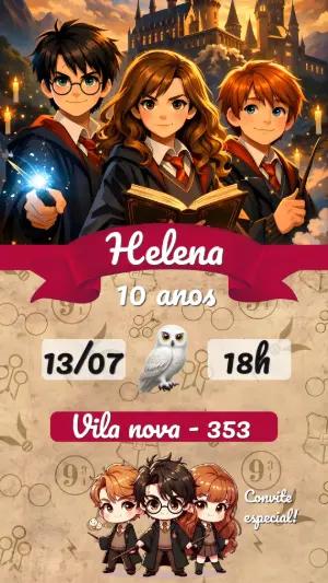 Convite de Aniversário Harry Potter Anime Editável