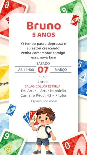 Convite de Aniversário Infantil Tema UNO Colorido para Editar