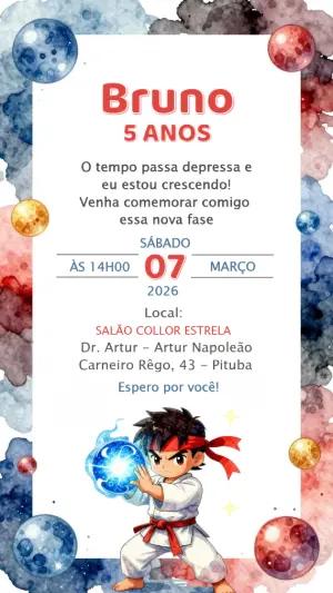 Convite de Aniversário Infantil Lutador Game Aquarela Editável