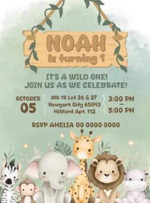 Editable Wild One Birthday Invitation with Jungle Animals