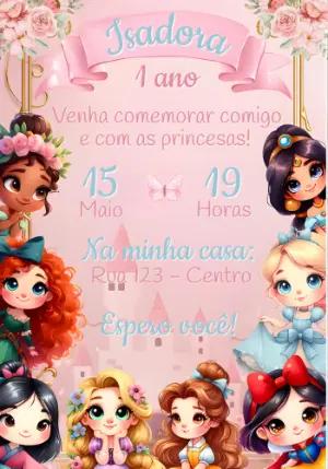 Convite de Aniversário Princesas Cute Rosa Modelo Editável