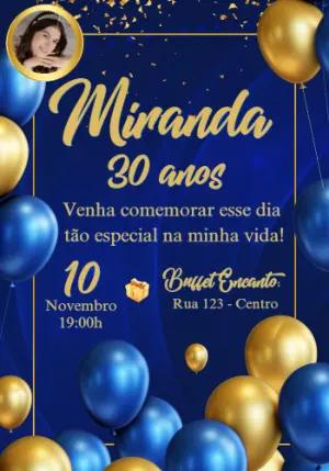 Convite de Aniversário Azul e Dourado com Foto para Editar