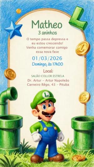 Convite Animado Aniversário Luigi Super Mario para Editar