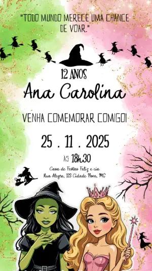 Convite de Aniversário Wicked Verde e Rosa para Editar