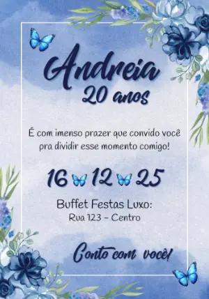 Convite de Aniversário Borboletas Azuis em Aquarela para Editar