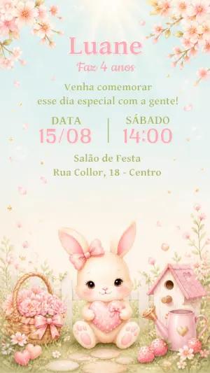 Convite Aniversário Coelhinha no Jardim | Modelo Editável