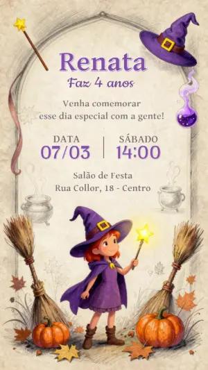 Convite Digital Aniversário Bruxinha Fofa para Editar