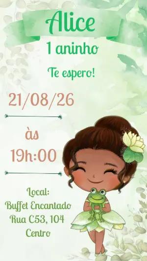Convite de Aniversário Princesa Tiana Aquarela para Editar