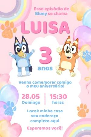 Convite de Aniversário Bluey Menina Rosa Editável