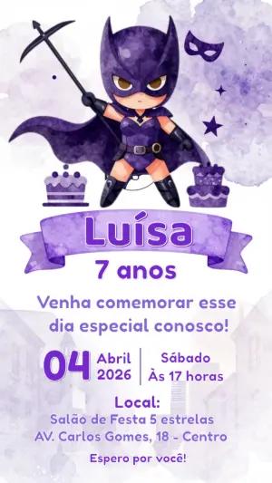 Convite de Aniversário Super-Heroína Roxa para Editar Online