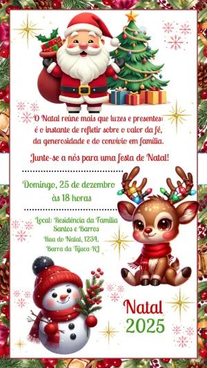 Convite de Natal Fofo com Papai Noel e Rena para Editar Online