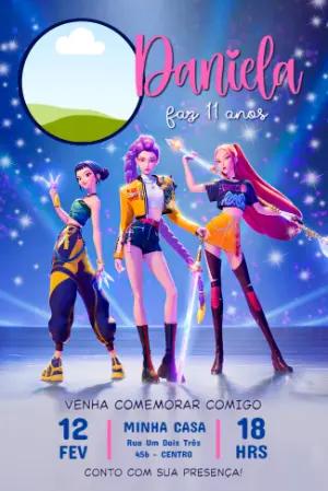 Convite de Aniversário Guerreiras do K-pop com Foto Editável