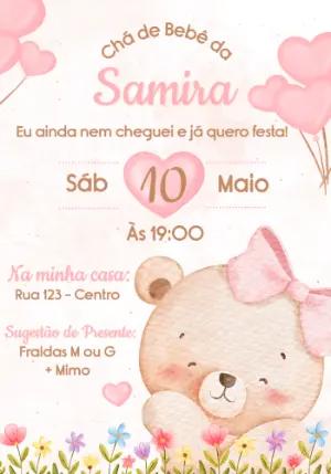 Convite Chá de Bebê Ursinha Rosa Aquarela Editável