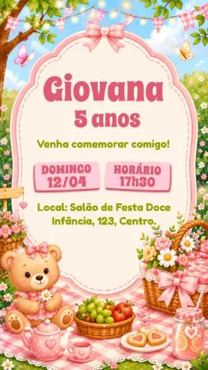 Convite de Aniversário Piquenique da Ursinha Editável