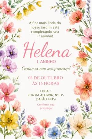 Convite de Aniversário Jardim das Flores Aquarela Editável